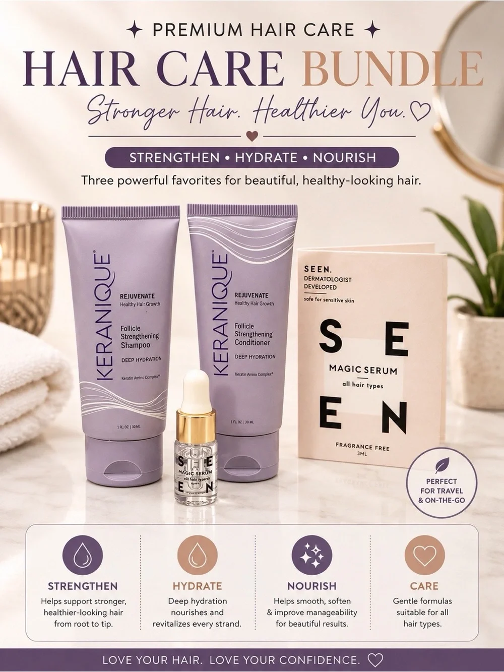 Keranique Shampoo & Conditioner + SEEN Magic Serum Travel Size Hair Care Bundle